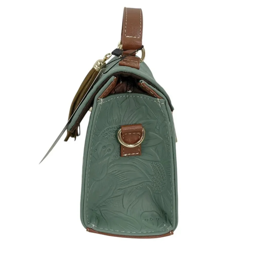 Sage Green Sunflower Embossed Tooled Artisan LEATHER Crossbody Handbag Purse